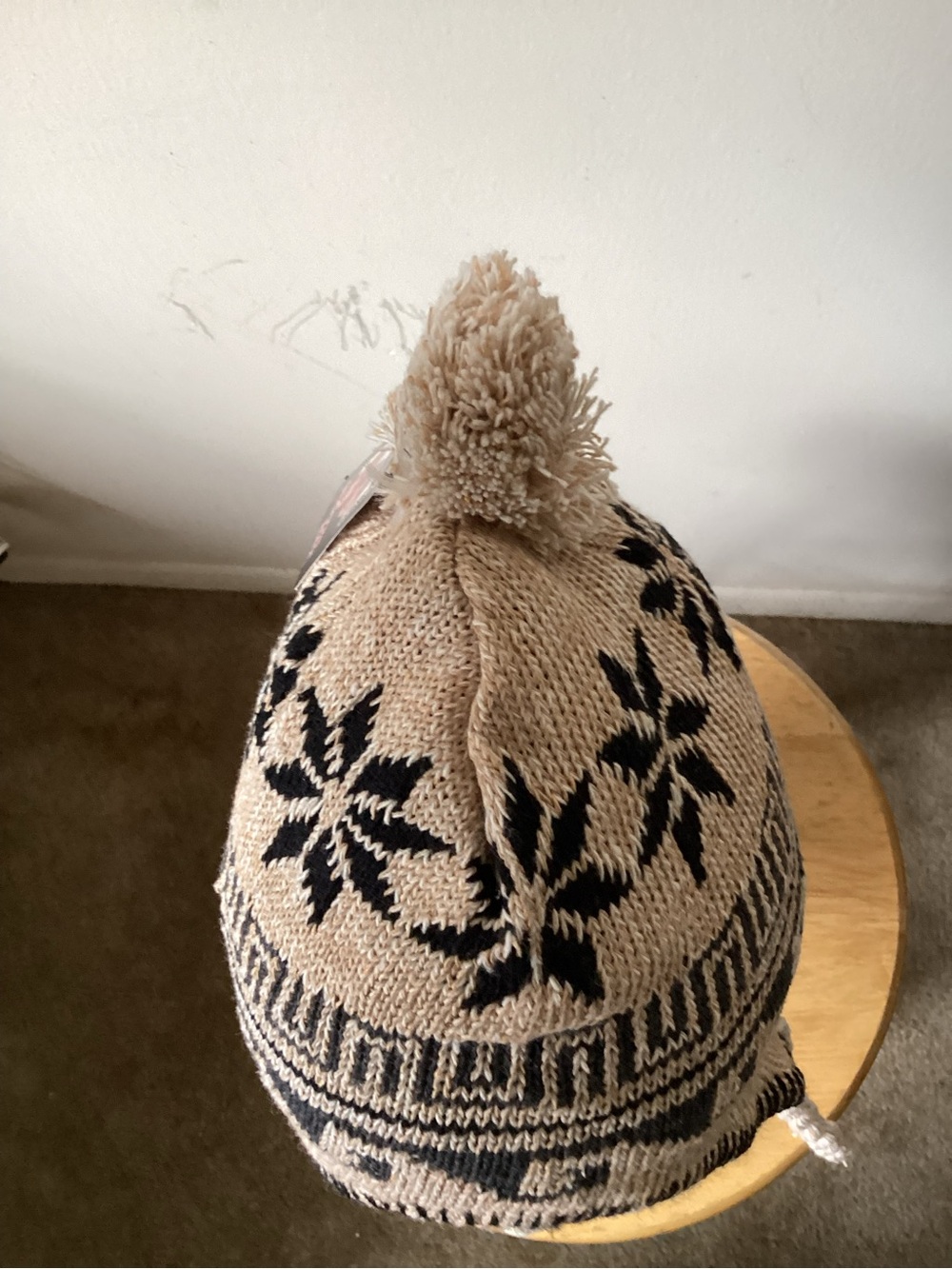Beige and Brown Snowflake Pom Pom Knit Beanie -  Winter Hat